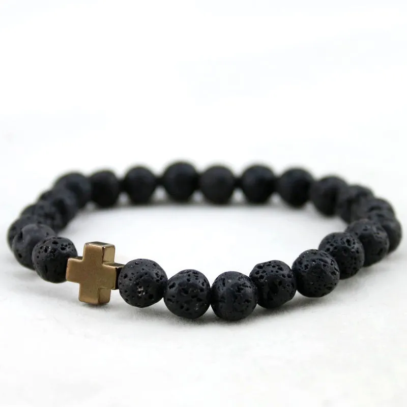 New Arrival Mens Beaded Jewelry 8mm Lava Stone Beads Gallstone Cross Bracelets Party Gift Yoga Jewelry
