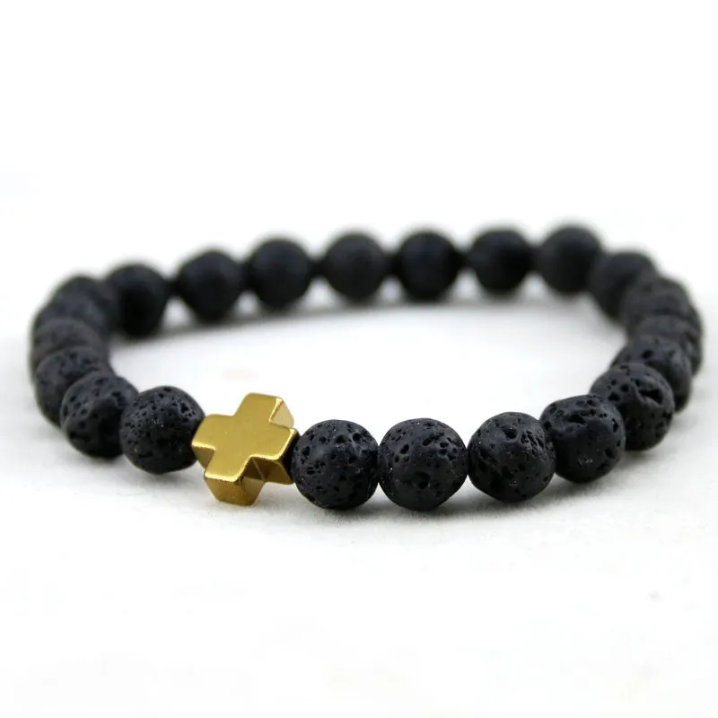 New Arrival Mens Beaded Jewelry 8mm Lava Stone Beads Gallstone Cross Bracelets Party Gift Yoga Jewelry