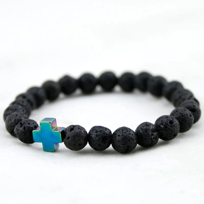 New Arrival Mens Beaded Jewelry 8mm Lava Stone Beads Gallstone Cross Bracelets Party Gift Yoga Jewelry