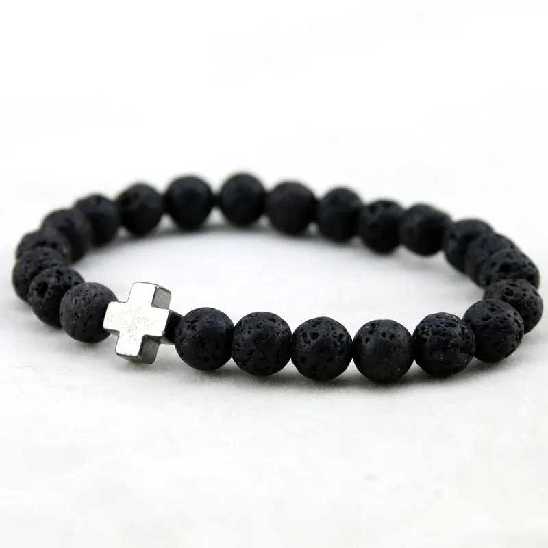 New Arrival Mens Beaded Jewelry 8mm Lava Stone Beads Gallstone Cross Bracelets Party Gift Yoga Jewelry