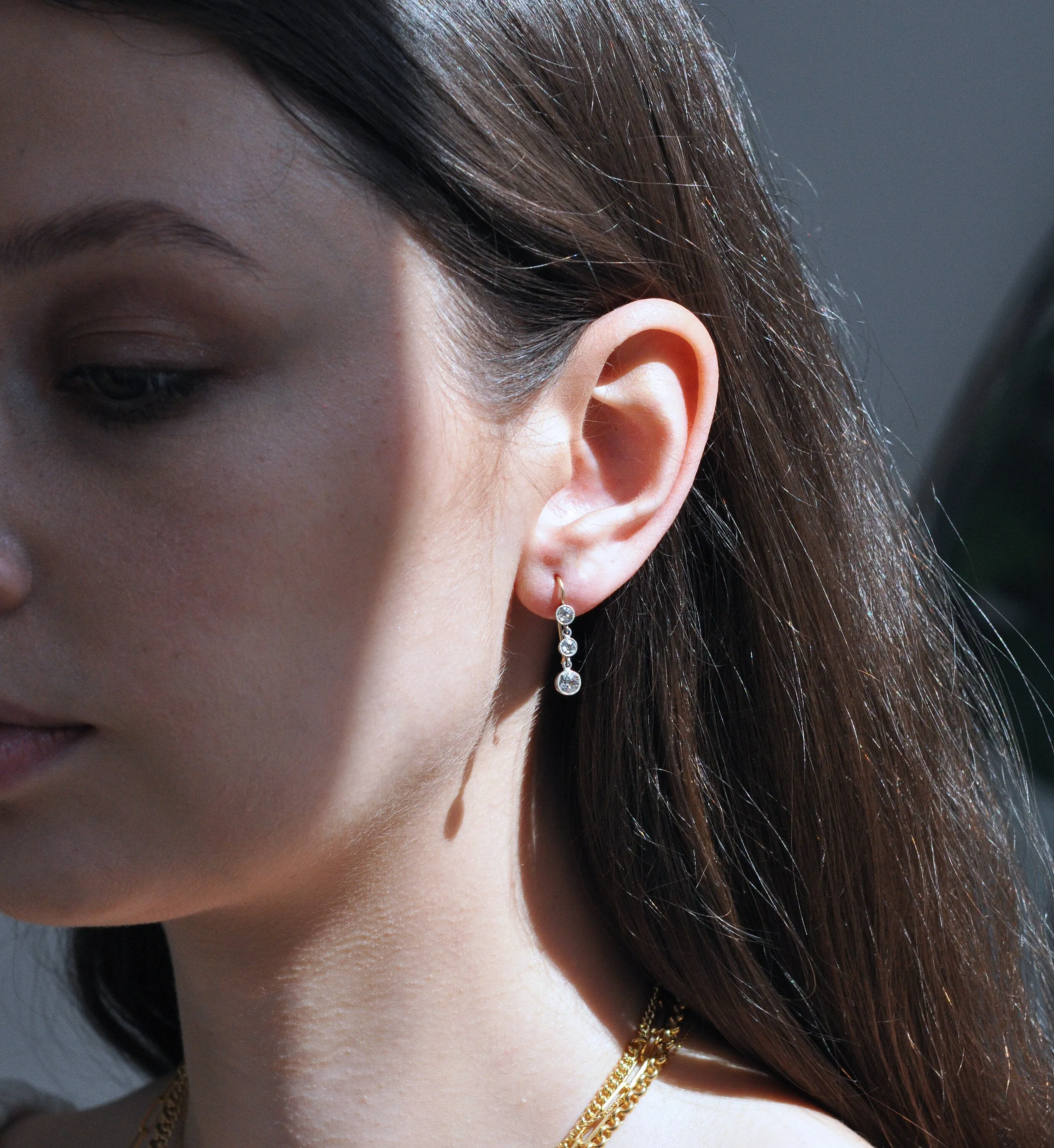 Old Mine Cut Three Diamond Earrings