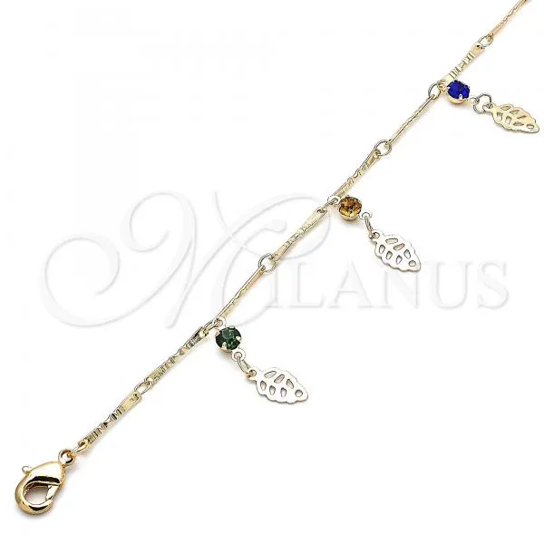 Oro Laminado Charm Anklet , Gold Filled Style Leaf and Rattle Charm Design, with Multicolor Crystal, Polished, Golden Finish, 03.213.0109.10