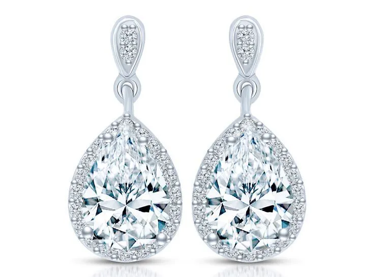 Pear Shape Diamond Halo Pave' Set Drop Earrings In White Gold 3.75 Ct.T.W.