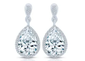Pear Shape Diamond Halo Pave' Set Drop Earrings In White Gold 3.75 Ct.T.W.