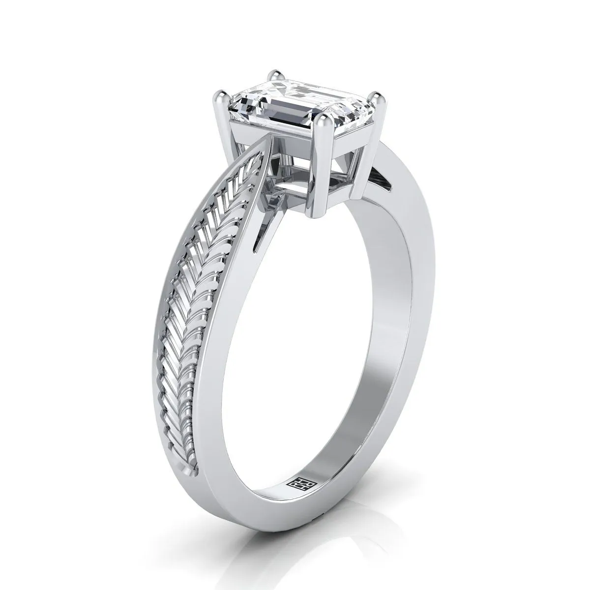 Platinum Emerald Cut Vintage Inspired Leaf Pattern Pinched Solitaire Engagement Ring