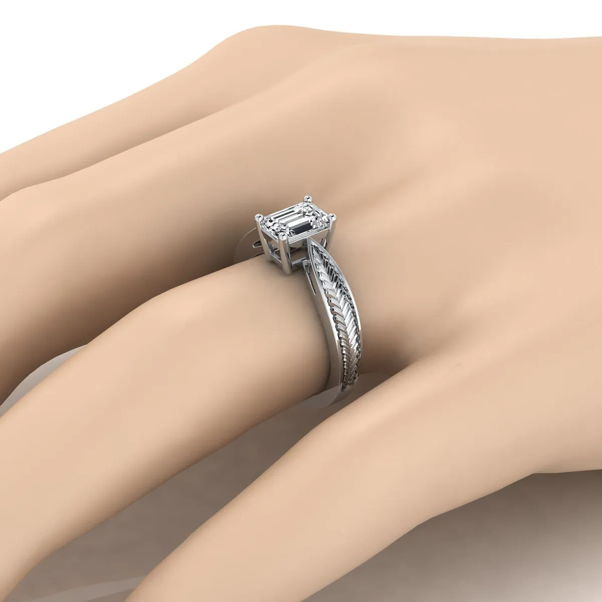 Platinum Emerald Cut Vintage Inspired Leaf Pattern Pinched Solitaire Engagement Ring