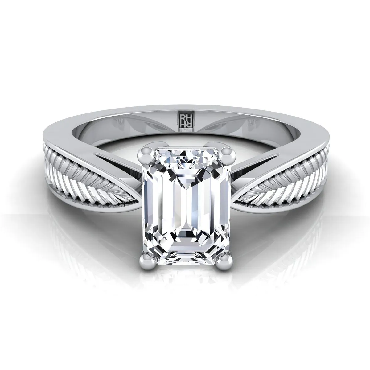Platinum Emerald Cut Vintage Inspired Leaf Pattern Pinched Solitaire Engagement Ring