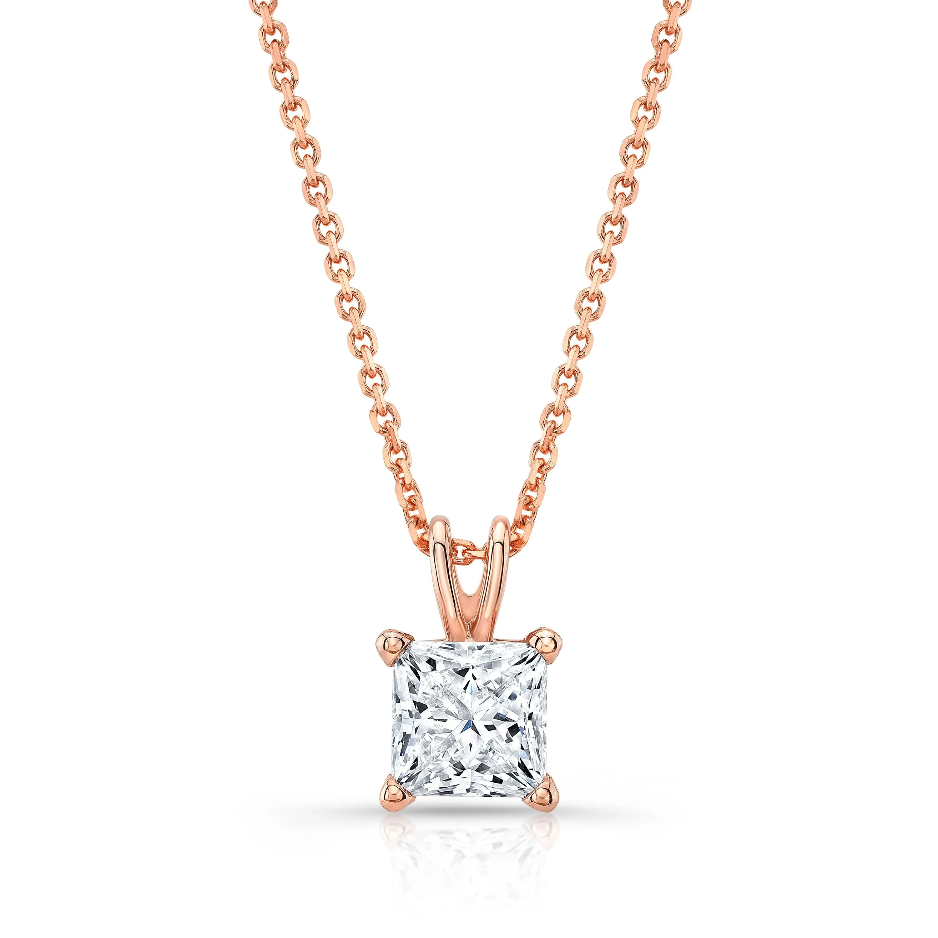 Princess Diamond Solitaire Pendant In A 14k Rose Gold 4-prong Basket Setting, 0.75ct. T.w. (hi, Si1-si2)