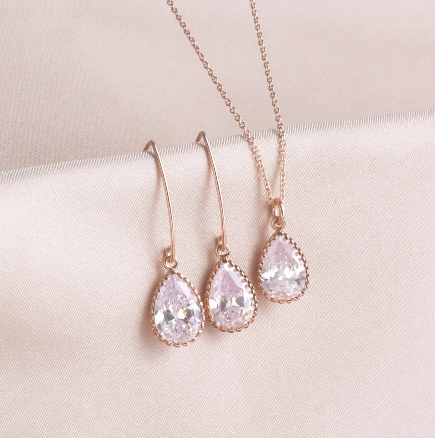 Rose Gold Crystal Dangle Earrings & Necklace Set