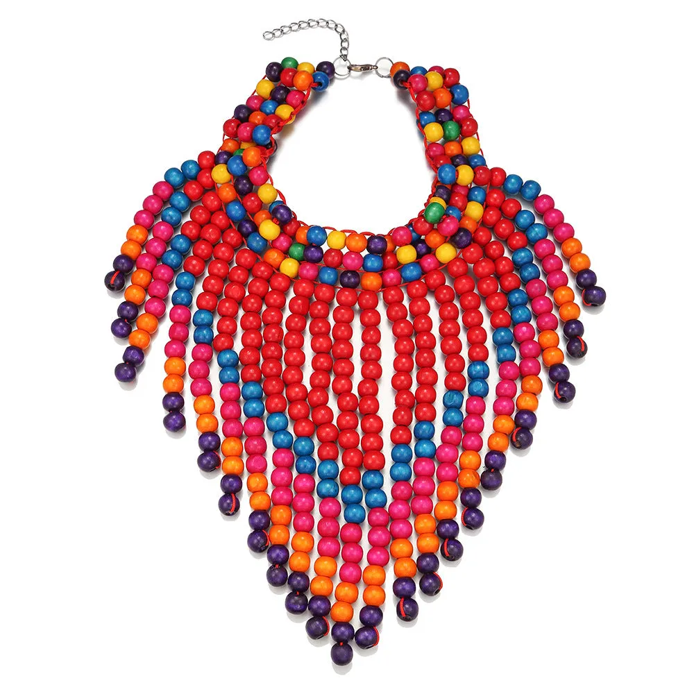 Savanna Rhythms Exotic Wood Bead Necklace with Tassel Triangle Scarf Design Shawl Chain Oversized Accent Necklace