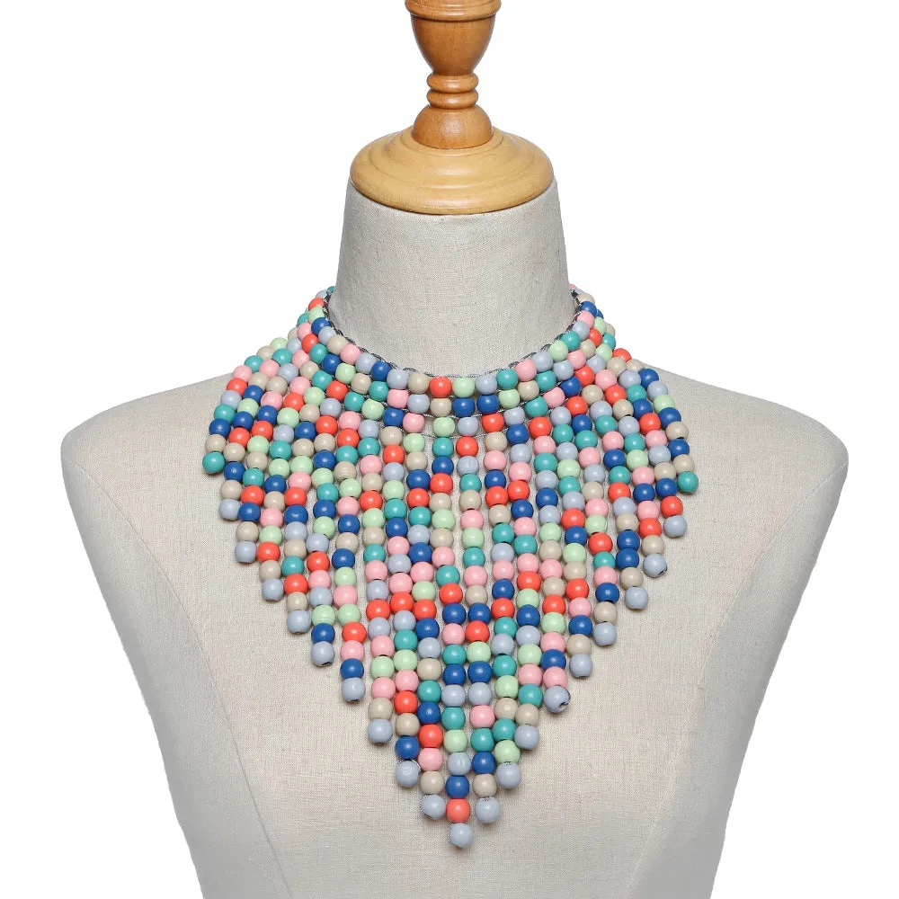 Savanna Rhythms Exotic Wood Bead Necklace with Tassel Triangle Scarf Design Shawl Chain Oversized Accent Necklace