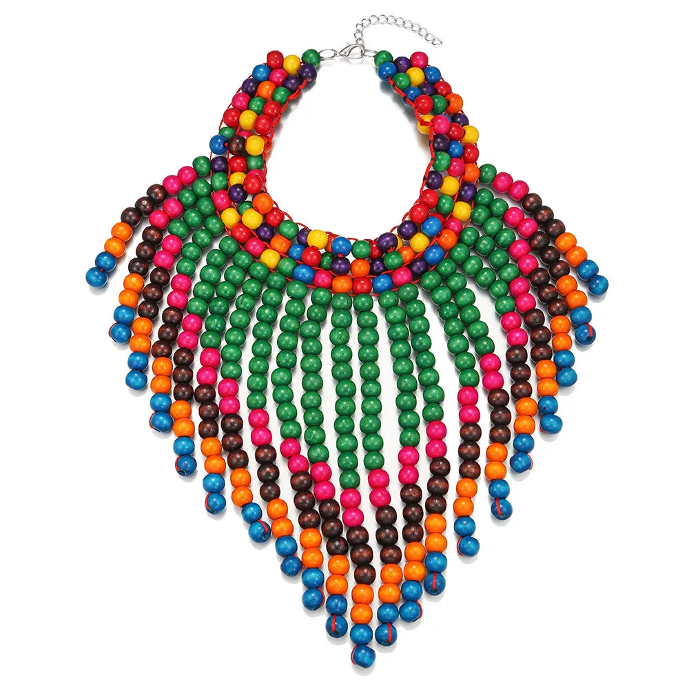 Savanna Rhythms Exotic Wood Bead Necklace with Tassel Triangle Scarf Design Shawl Chain Oversized Accent Necklace