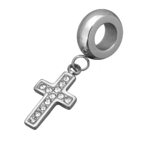 Sexy Sparkles Silver Stone Stainless Steel Religious Cross Charm Dangle Pendant for European Bracelet or Necklaces