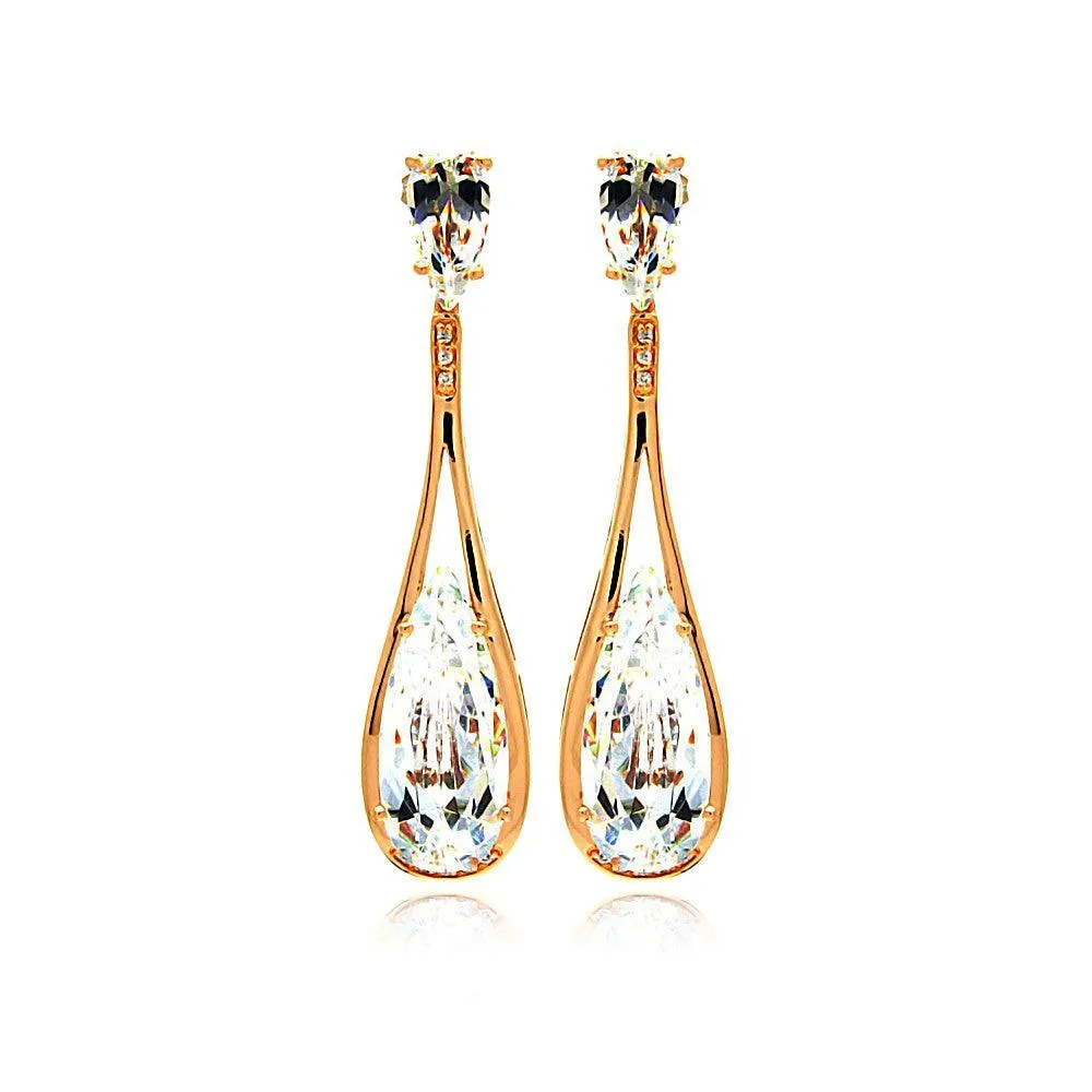 Silver 925 Rose Gold Rhodium Plated Teardrop CZ Dangling Stud Earrings - BGE00281