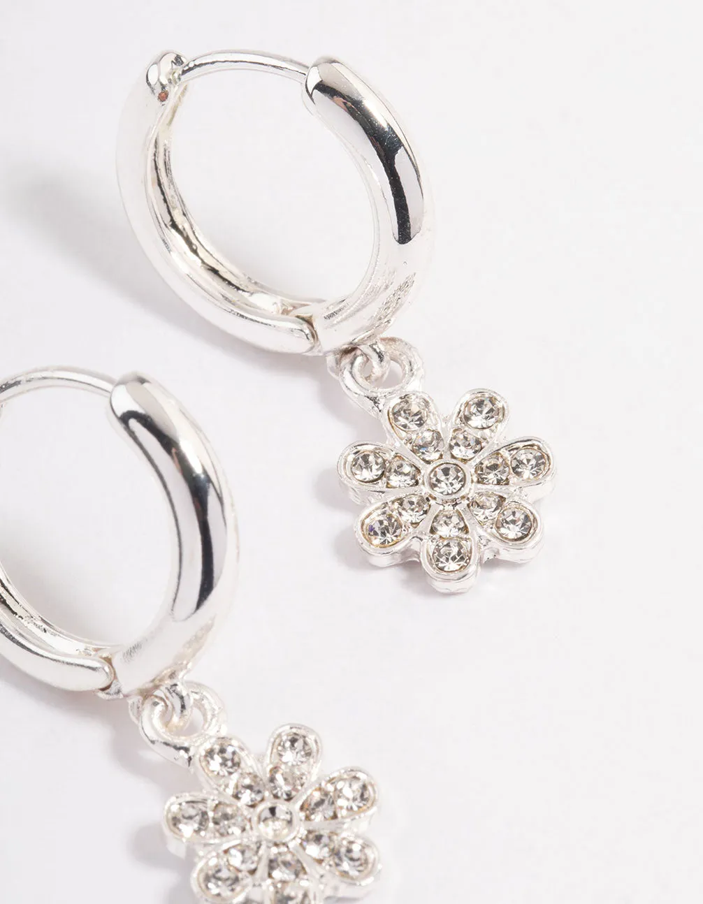 Silver Flower Diamante Drop Huggie Earrings