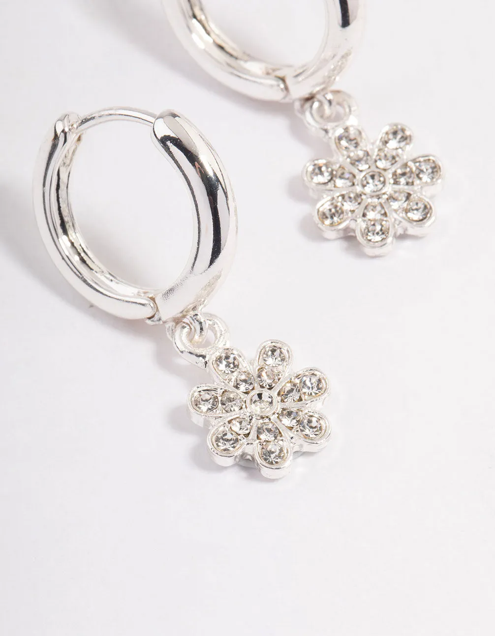 Silver Flower Diamante Drop Huggie Earrings