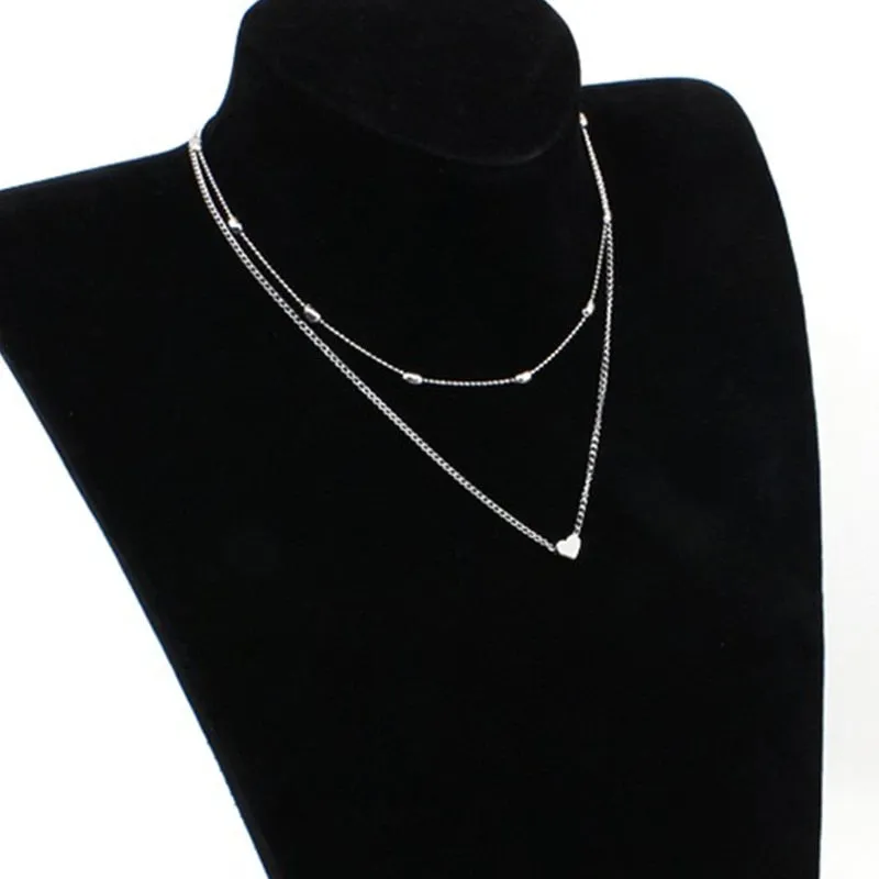 Simple Boho Gold Color Silver heart Bead Multilayer Necklace Chockers For Women Bijou Necklaces Pendants Stratification Chokers