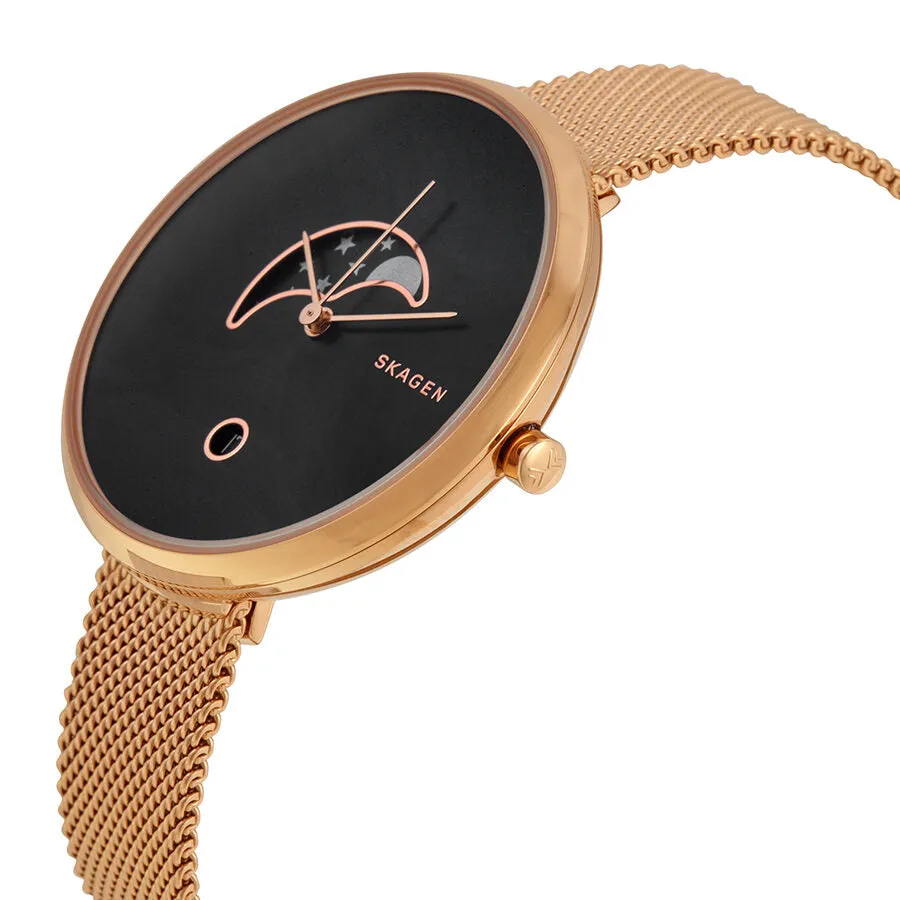 Skagen Gitte Moonphase Black Dial Rose Gold-tone Mesh Ladies Watch SKW2371