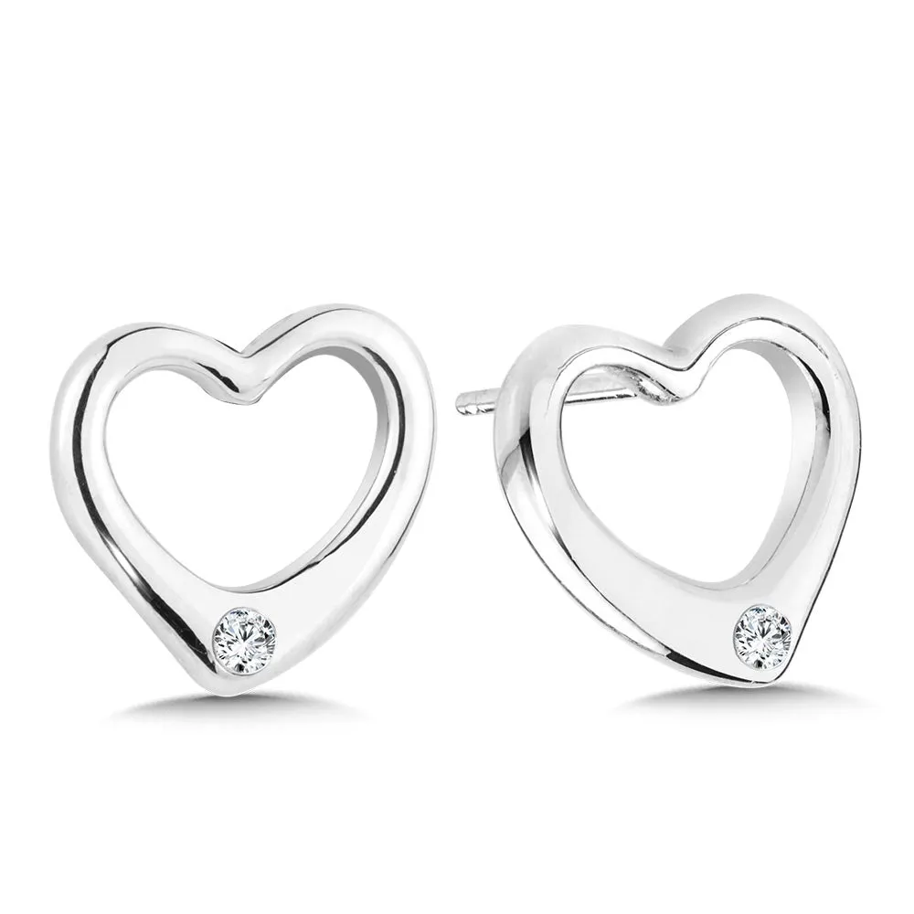 Sterling Silver & Diamond Heart Stud Earrings