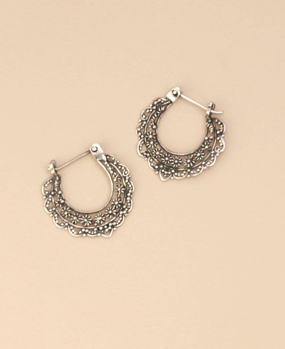 Sterling Silver Small Fan-Shaped Filigree Hoop Earrings with Floral Details