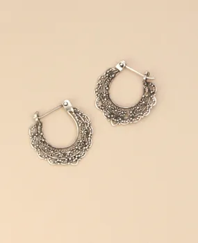 Sterling Silver Small Fan-Shaped Filigree Hoop Earrings with Floral Details