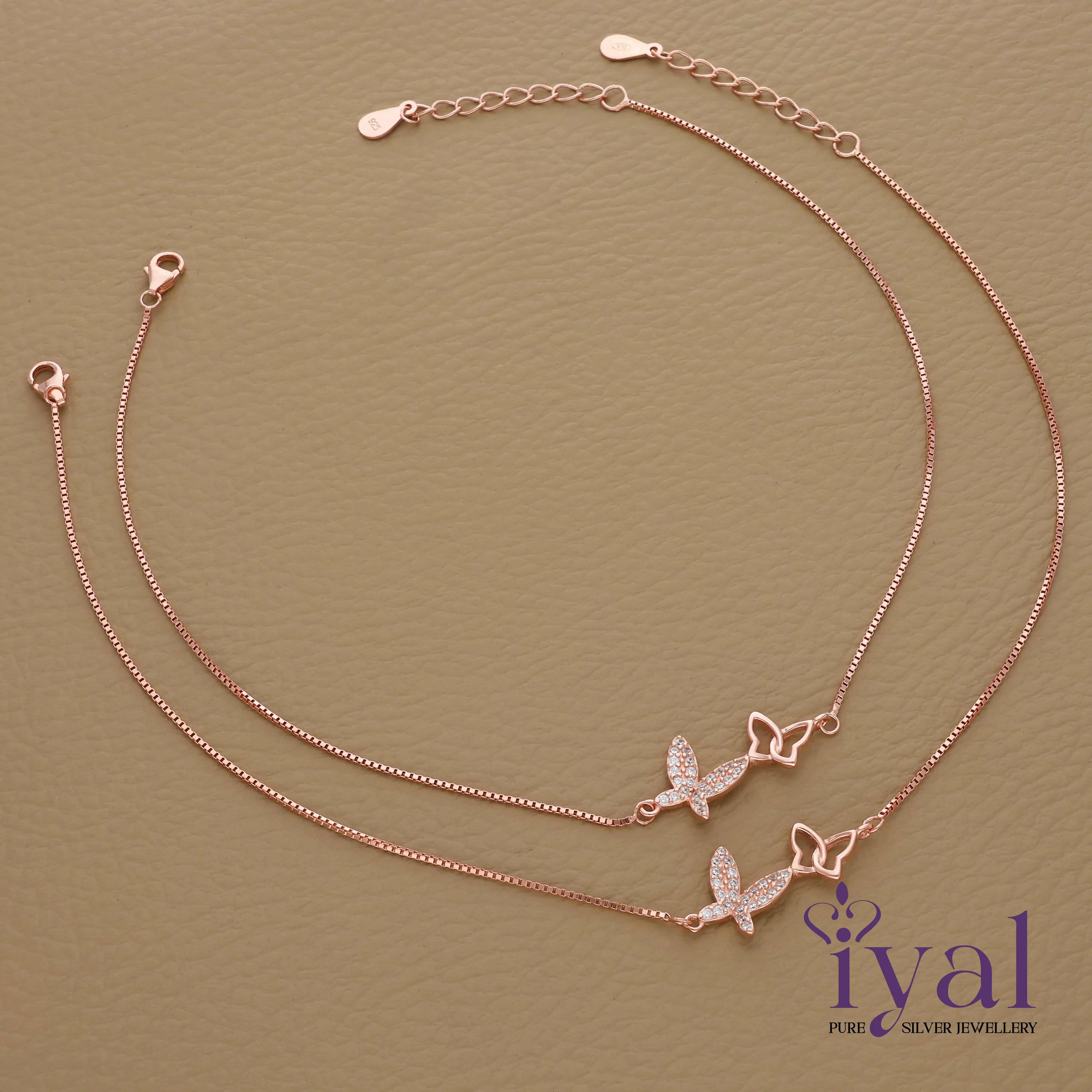 Stylish Butterfly Rose Gold Polish Silver Anklet