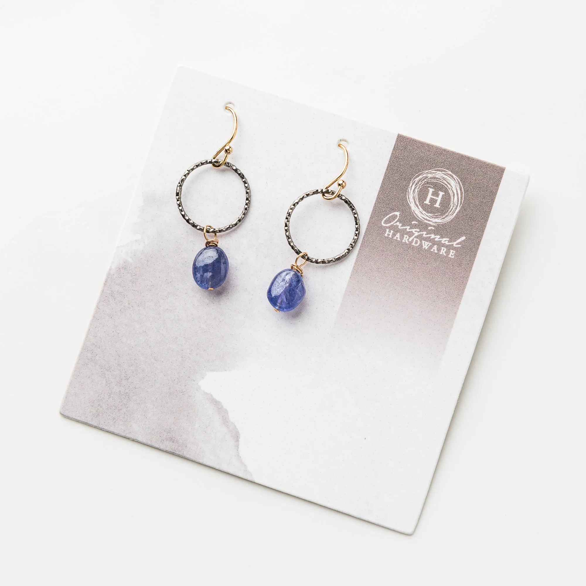 Tanzanite Nugget and Black Shimmer Circle Earrings