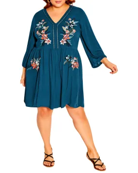 Valencia Floral Appliqué Short Dress | Teal / Orange