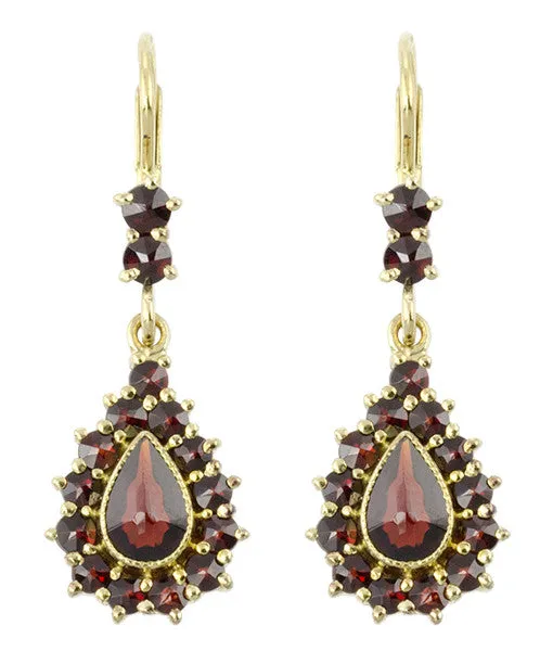 Victorian Bohemian Czech Garnet Pear Shape Teardrop Earrings in 14K Gold and Sterling Silver Vermeil