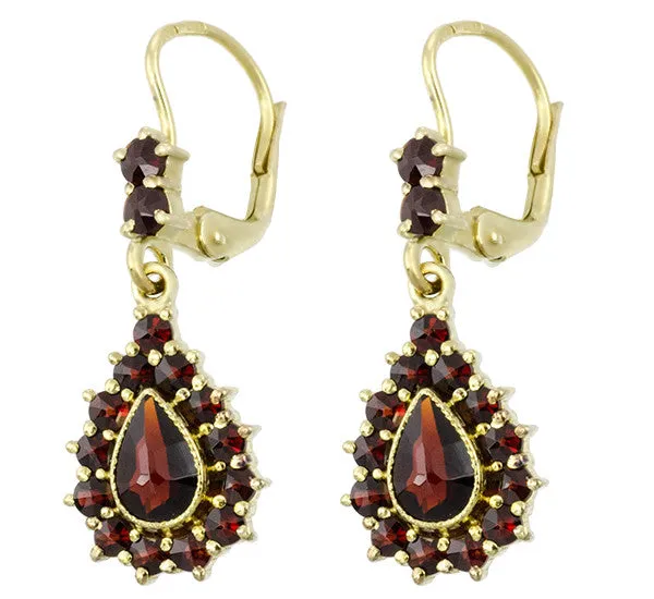 Victorian Bohemian Czech Garnet Pear Shape Teardrop Earrings in 14K Gold and Sterling Silver Vermeil