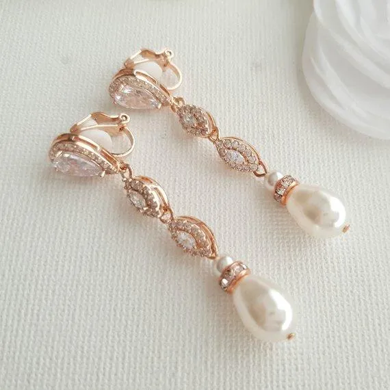 Wedding Clip On Earrings in Rose Gold-Abby