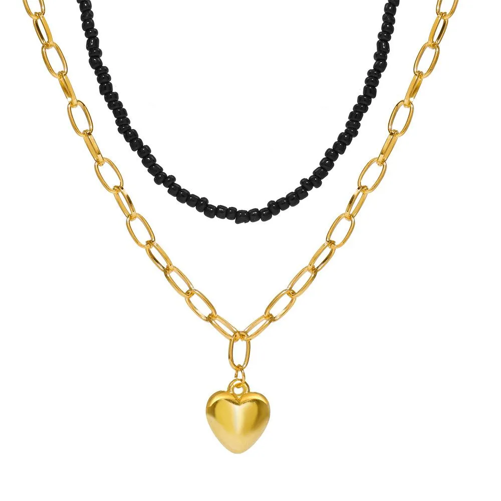 Wholesale Black Pearl Gold Love Pendant double layer stacked geometric alloy necklace with rice beads JDC-NE-F352