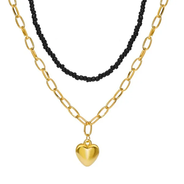 Wholesale Black Pearl Gold Love Pendant double layer stacked geometric alloy necklace with rice beads JDC-NE-F352