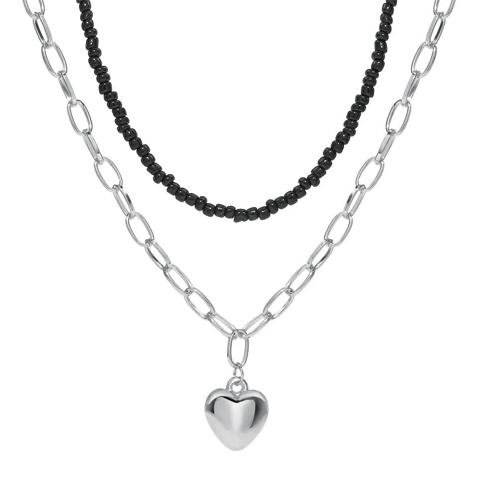 Wholesale Black Pearl Gold Love Pendant double layer stacked geometric alloy necklace with rice beads JDC-NE-F352