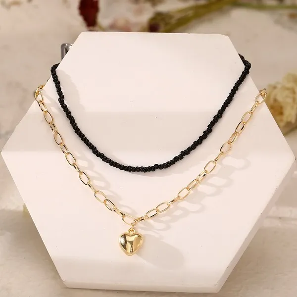 Wholesale Black Pearl Gold Love Pendant double layer stacked geometric alloy necklace with rice beads JDC-NE-F352