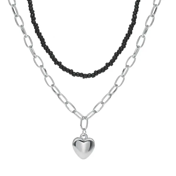 Wholesale Black Pearl Gold Love Pendant double layer stacked geometric alloy necklace with rice beads JDC-NE-F352